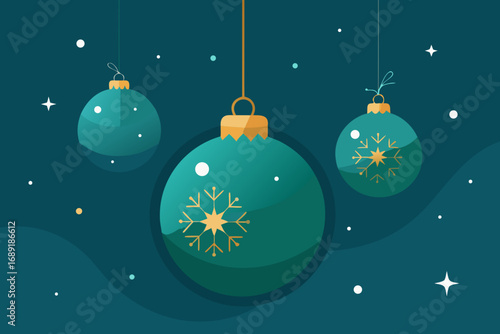 Teal christmas ornaments with snowflakes and stars on dark background