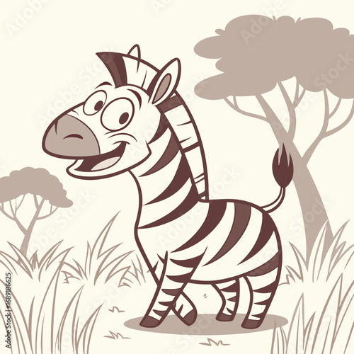 Happy cartoon zebra with big eyes winking in a grassy savanna with trees