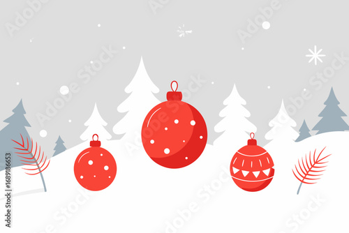 Festive red ornaments adorn a snowy winter landscape with pine trees