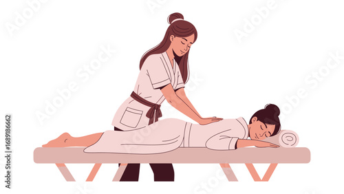 Skilled therapist provides relaxing back massage to client lying on a table in a serene setting