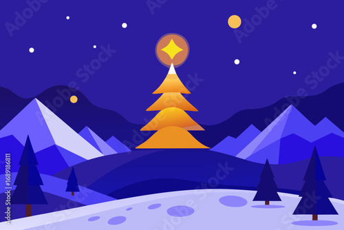 Stylized winter landscape with glowing christmas tree