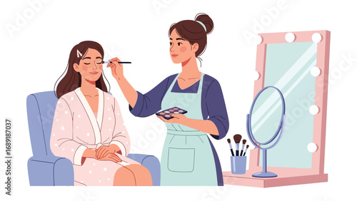 Professional makeup artist applying cosmetics to a woman sitting in a chair in a well lit beauty studio setting