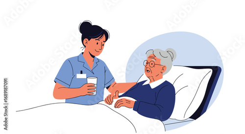 Caring nurse offers water to elderly patient in bed, promoting comfort and recovery in healthcare settings.