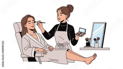 Professional makeup artist applying cosmetics to a relaxed client in a salon setting