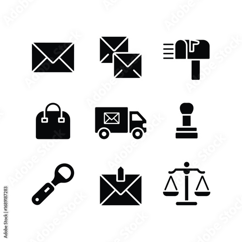 Collection of postal and delivery service icons including envelopes mailbox delivery truck and scales
