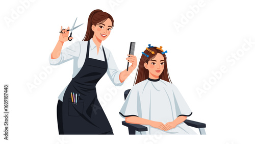 Professional stylist with scissors and comb giving a haircut to a seated client