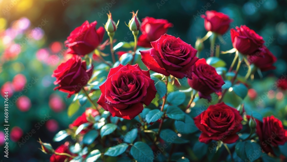 Obraz premium Cluster of red roses with vibrant colors and green leaves against a blurred garden background. Beautiful floral display. Natural beauty and garden flowers.
