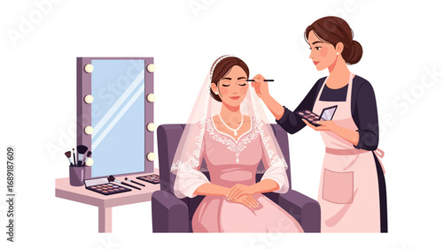 Professional makeup artist applying flawless makeup to a bride sitting in a chair in front of a lighted mirror