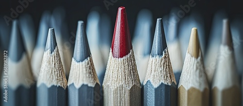Macro Close-up of a Vibrant Red Pencil Standing Out Amongst a Row of Sharpened Grey and Beige Pencils, Symbolizing Uniqueness, Individuality, and Creative Distinction
