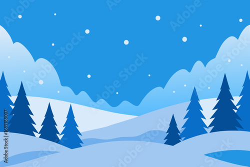 Stylized blue winter landscape with snowing trees and hills