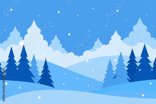 Stylized winter landscape with snowing trees and hills
