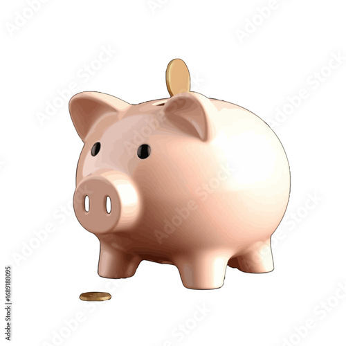 Vector art of a pink ceramic piggy bank with a coin being inserted and another coin on the transparent background