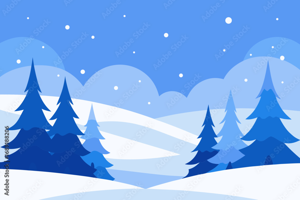 Fototapeta premium Stylized snowy forest landscape with blue tones and falling snow