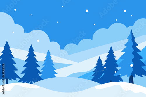 Stylized snowy landscape with blue pine trees and falling snow