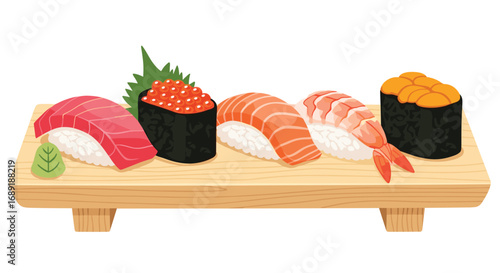 Delicious sushi assortment on wooden platter, a vibrant taste of Japan perfect for menus