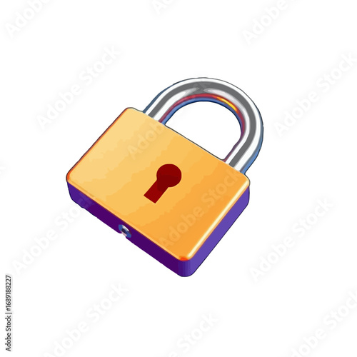 Vector art of a shiny golden padlock with a purple base and a silver shackle, , symbolizing security and protection