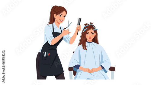 Skilled hairstylist meticulously cuts and styles a client s long brown hair with professional tools