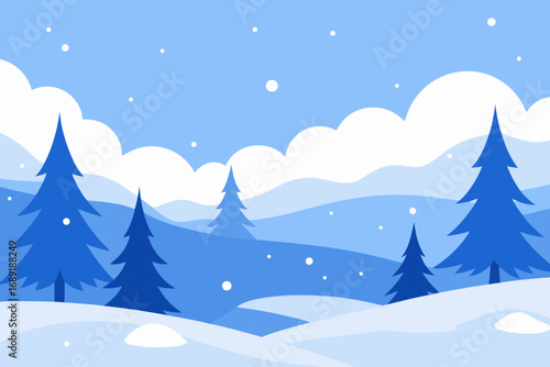 Stylized winter landscape with snowing pine trees and clouds