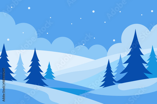 Stylized winter landscape with snowfall and evergreen trees