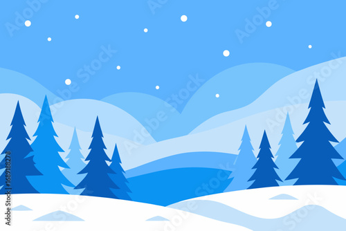 Stylized winter landscape with snowing trees and hills