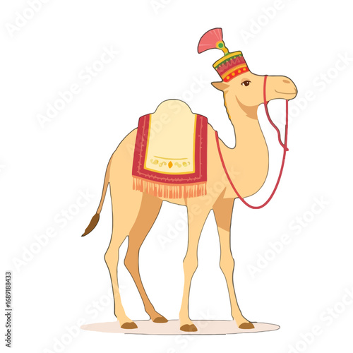 Vector art of a decorated camel wearing a colorful headdress and saddle