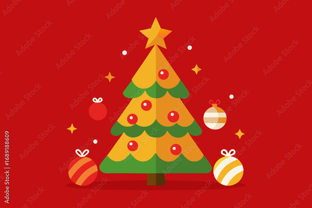 Naklejka premium Festive christmas tree with ornaments and stars on red background
