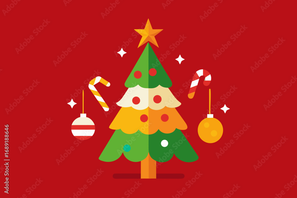 Naklejka premium Festive christmas tree with ornaments and candy canes on red background
