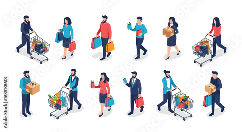 Diverse shoppers with carts and bags showcase modern retail activity and consumer choices
