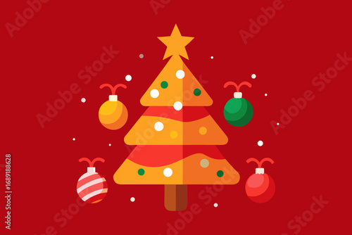 Festive christmas tree with ornaments on red background