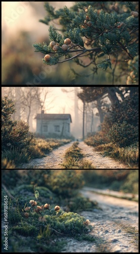 A nature collage shows pine needles, a rural pathway leading to a small house, and more plants in a misty atmosphere, conveying serenity