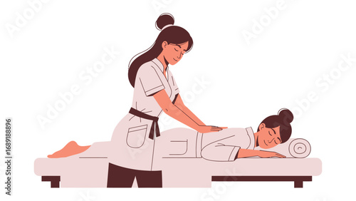 Skilled therapist provides soothing back massage to relaxed woman on a spa table