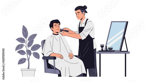 Skilled barber carefully trims a customer s beard in a modern salon setting