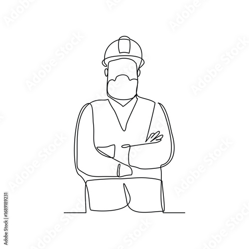 Continuous line building construction worker and engineering man. Single line drawing art vector illustration of architect or engineer mechanic. Editable stroke