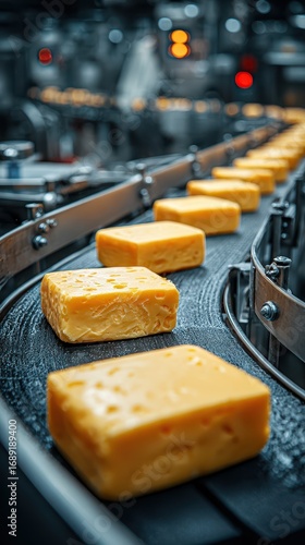 Cheddar cheese blocks moving along the conveyor belt in a production facility