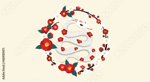 Elegant white serpent coiled amidst vibrant red and white blossoms, symbolizing luck and prosperity