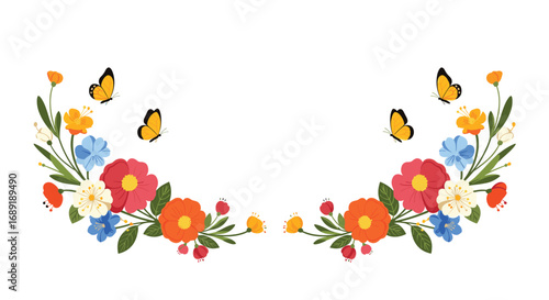 Vibrant spring floral border with delicate butterflies fluttering gracefully among blossoms