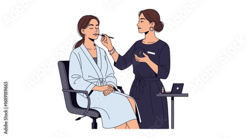 Professional makeup artist applying cosmetics to a woman sitting in a chair wearing a robe