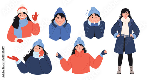 Capturing diverse winter emotions from happy to frustrated with stylish outerwear and cozy attire