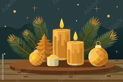 Cozy christmas scene with candles and ornaments