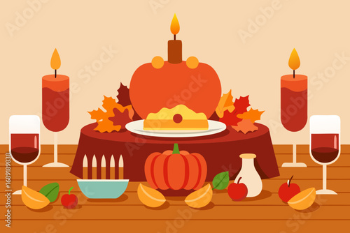 Cozy autumn thanksgiving dinner table setting with pie and candles