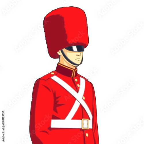 Illustration of a british royal guard in a red uniform and tall bearskin hat
