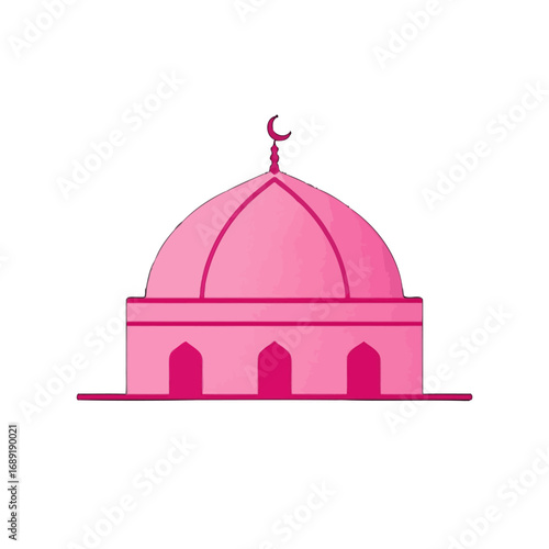 Vector art of pink mosque dome with crescent moon on top