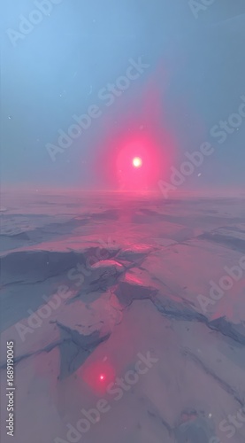 Abstract landscape with glowing red sun, reflected in the snow-covered ground under a pale blue sky. A small red dot at the base