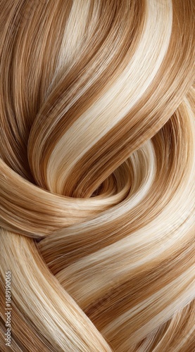 Close-up of flowing, wavy blonde and light brown hair strands swirled together, showcasing texture and color variation
