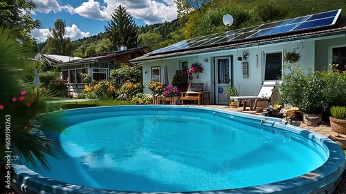 Serene Outdoor House with Solar Panels, Surrounded by Lush Greenery and Vibrant Flowers, Inviting Relaxation by Sparkling Blue Swimming Pool in Summer Garden