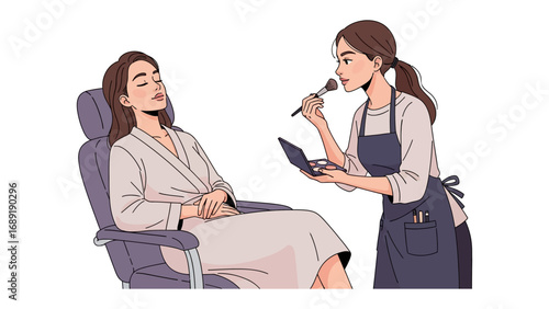 Professional makeup artist applying cosmetic products to a client seated in a salon chair with eyes closed