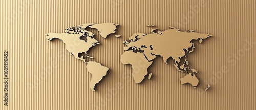 Cardboard World Map on Corrugated Brown Paper Background