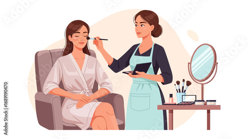 Professional makeup artist applying cosmetics to a seated client in a salon setting