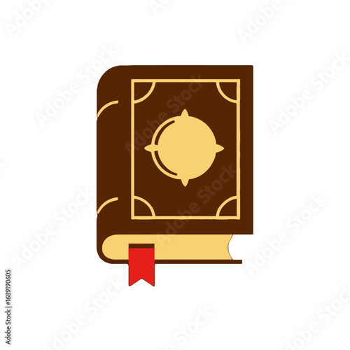 Vector art of an old brown book with a golden symbol on the cover