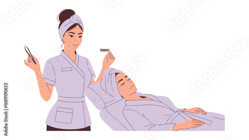 Skilled aesthetician applying eyelash extensions to a relaxed client in a spa setting
